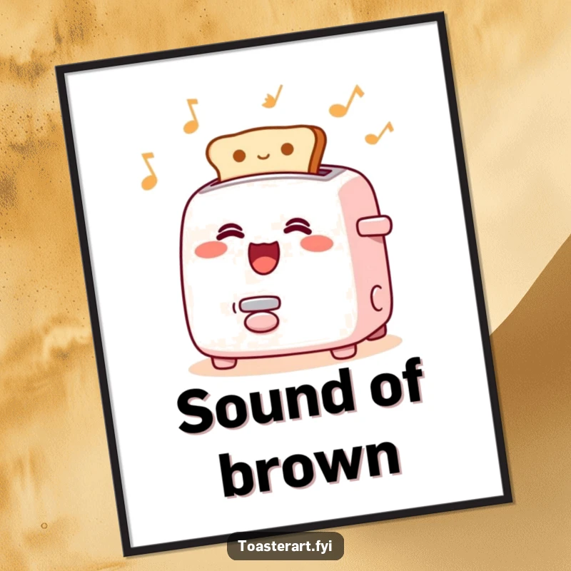 Funny digital art print of a happy singing toaster character with toast popping rhythmically, a cheerful musical illustration.