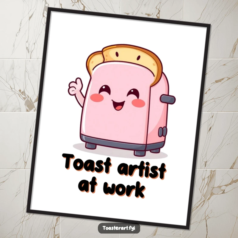 Funny digital art print of a happy toaster character drawing a smiley face on toast, perfect for adding a cheerful, humorous touch.