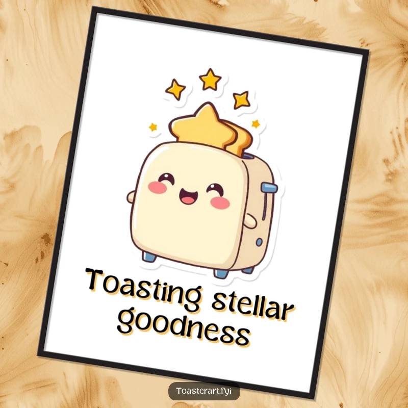 Funny Digital Art Print of a joyful toaster character popping out star-shaped toast, embodying cheerful and magical energy.