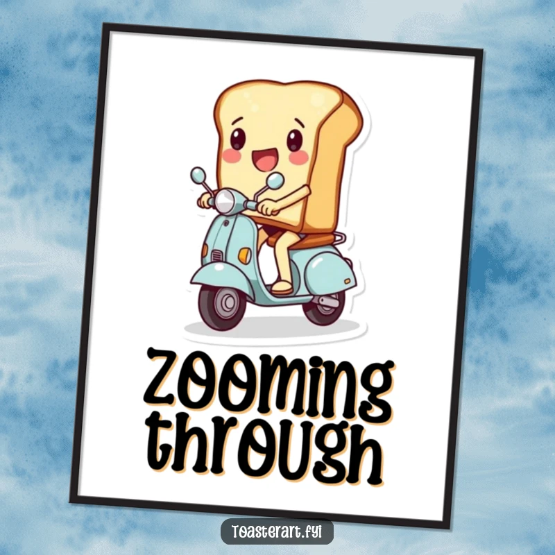 Funny digital art of a slice of toast character excitedly riding a miniature scooter, ready to bring energetic fun to any space.
