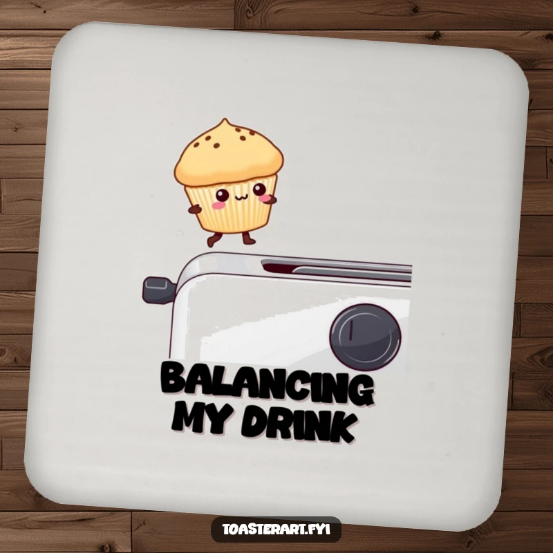 Funny kawaii muffin balancing on a toaster edge on a drink coaster, a humorous and protective accessory.
