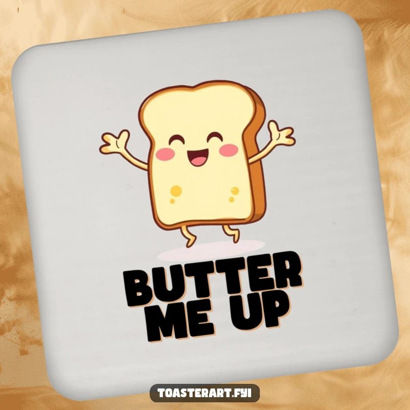 Funny slice of toast dancing energetically with buttery arms, drink coaster, adding a fun and breakfast-themed element to any surface.
