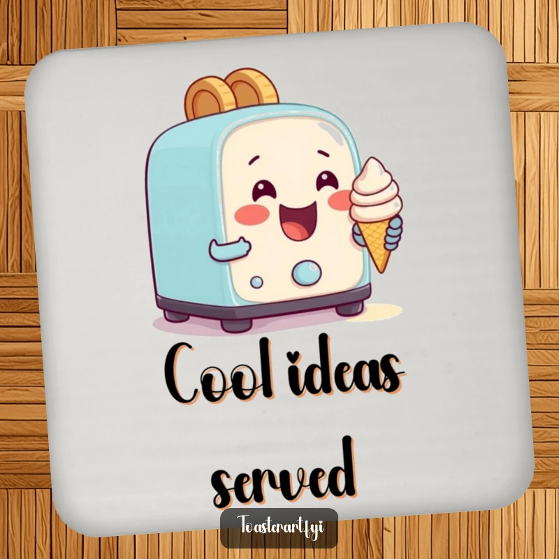 Funny coaster set depicting a happy toaster character attempting to bake a tiny ice cream cone, for comedic dessert protection.