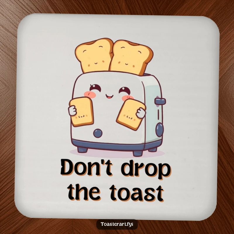 Funny drink coaster with a toaster character expertly juggling two perfectly browned toast slices, adding humor to drink service.