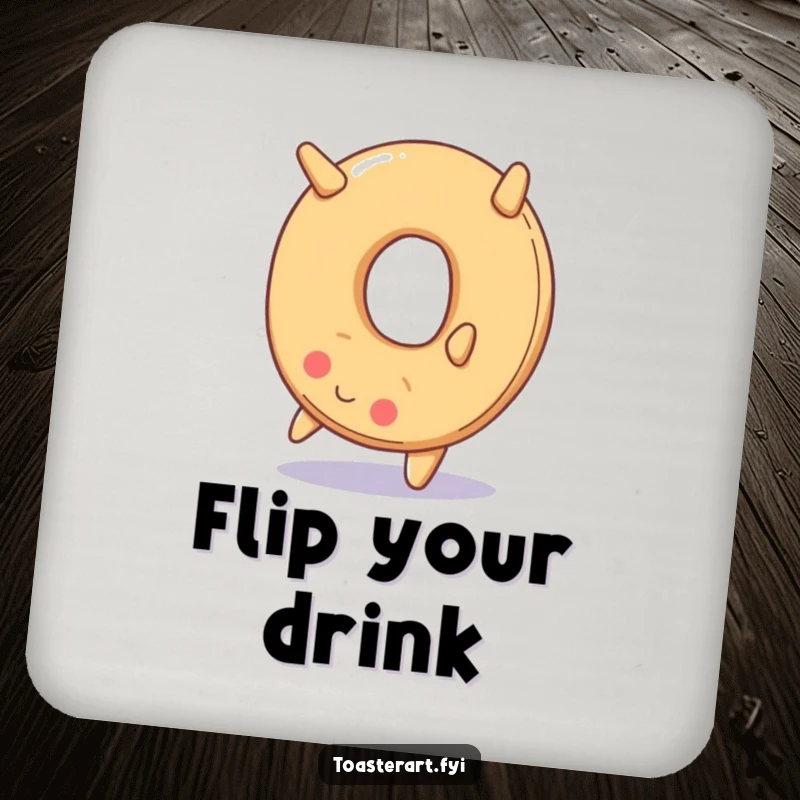 Funny drink coasters featuring a smiling bagel doing a backward somersault, protecting surfaces with a humorous and energetic design.