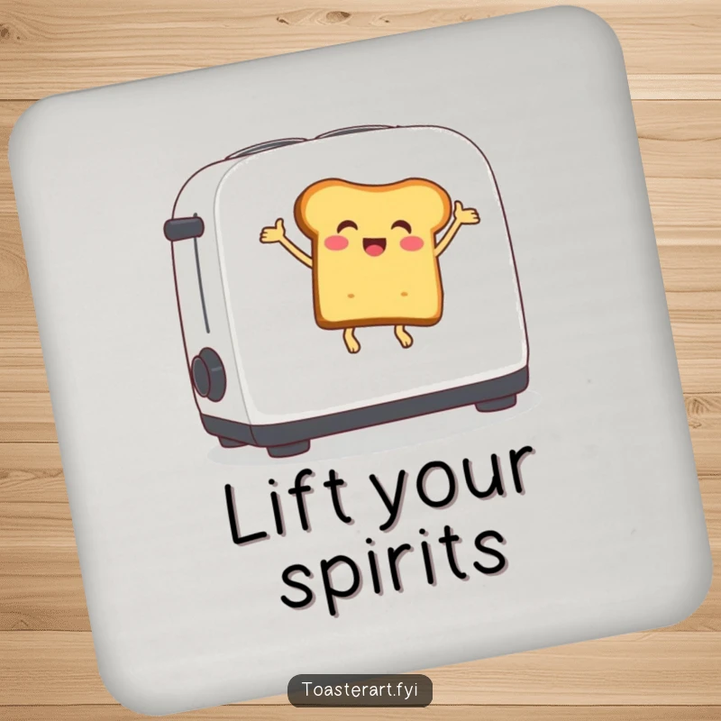 Funny coaster set with delighted bread slice characters bouncing on toaster levers, protecting surfaces with playful breakfast charm.