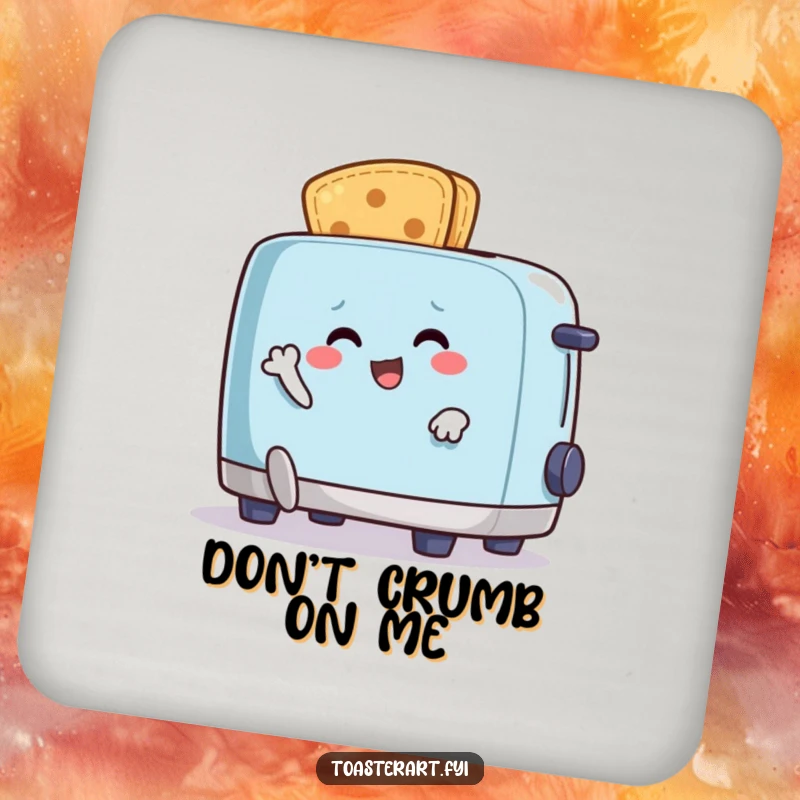 Funny drink coaster with a happy crumb character comically running from an animated toaster, protecting surfaces with humor.