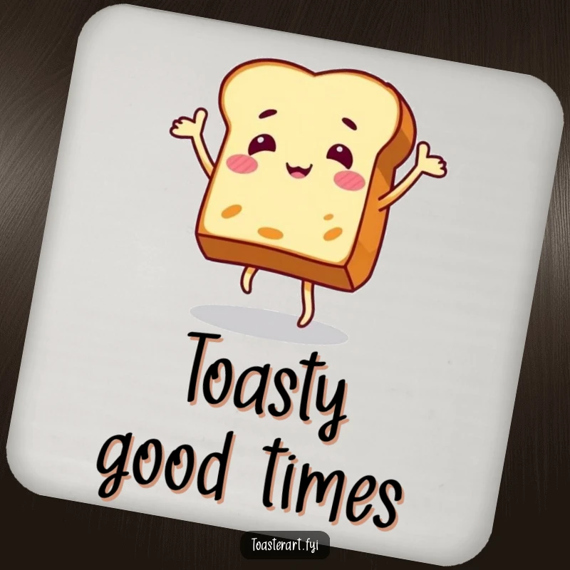 Funny drink coaster featuring a jovial toast slice in a dynamic dance, adding a playful and protective touch.