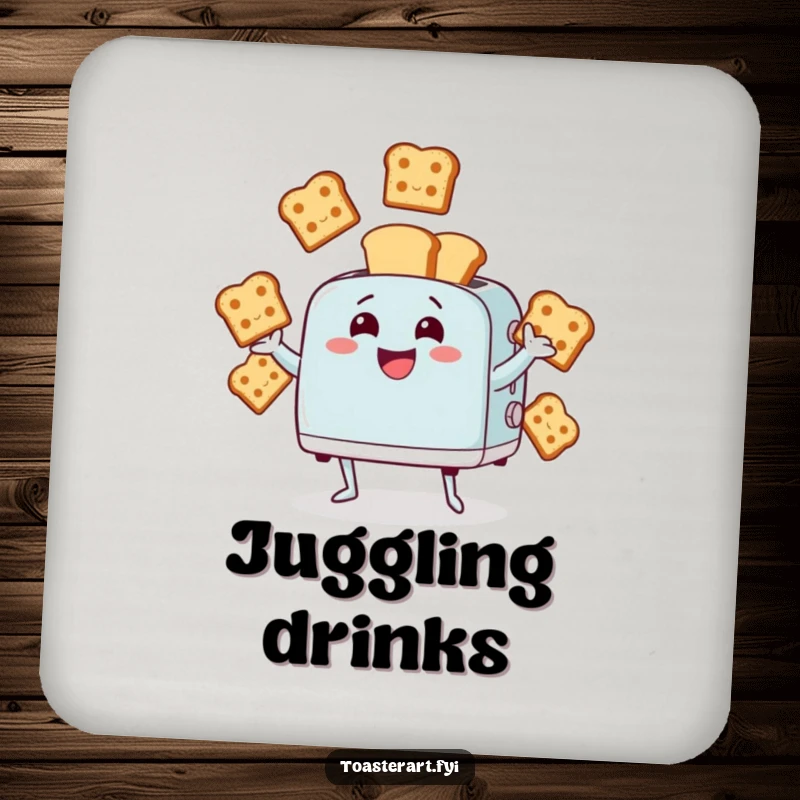 Funny drink coaster showing a giggling toaster character juggling bread slices. Protects surfaces with humor.
