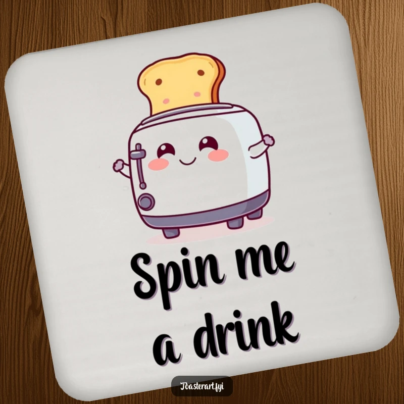 Funny Coaster depicting a smiling toaster character playfully spinning toast, protecting surfaces with whimsical charm.