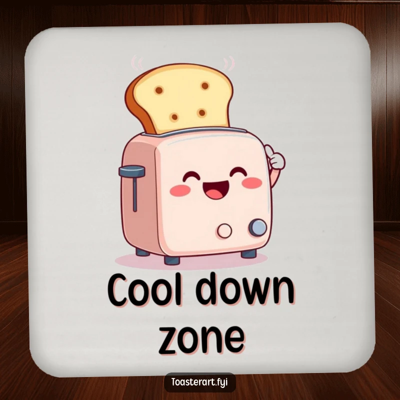 Funny coaster set depicting a smiling toaster character fanning steam with a giant bread slice, for humorous surface protection.