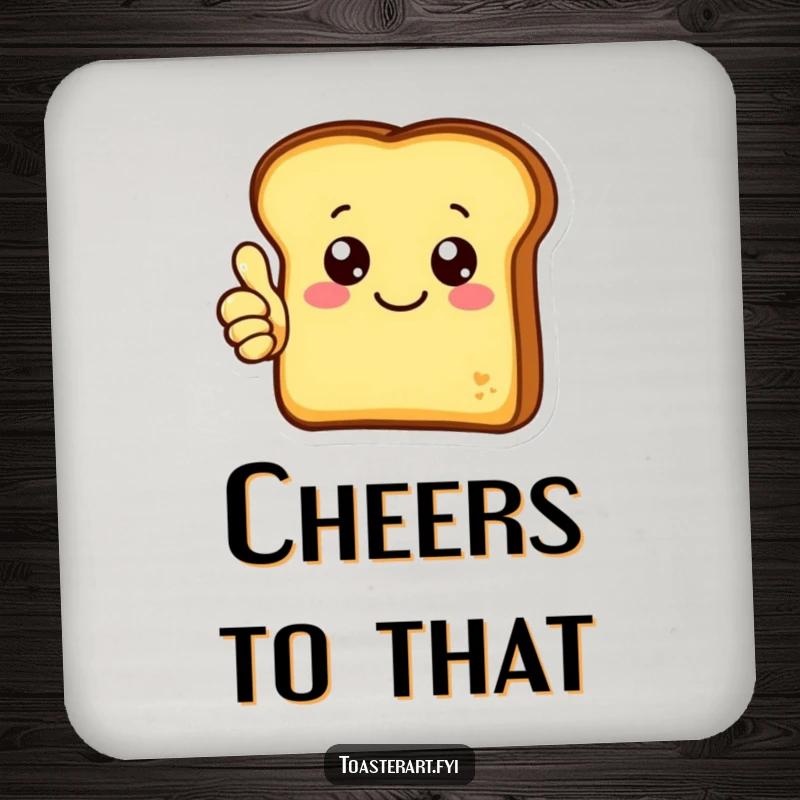 Funny coaster set with cheerful toast characters giving thumbs up, protecting surfaces with positive breakfast charm.