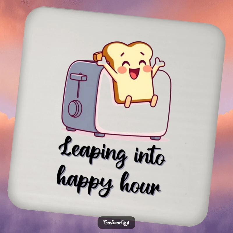 Funny toast character leaping from a toaster on a drink coaster, a humorous and protective accessory.