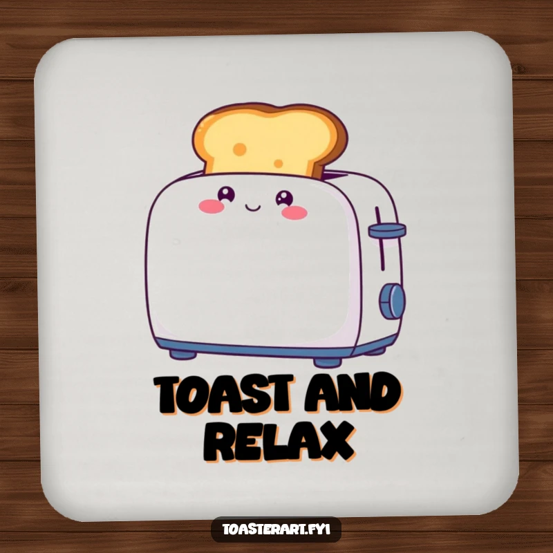 Funny drink coaster with a giggling piece of toast character popping out of a toaster, adding playful charm.