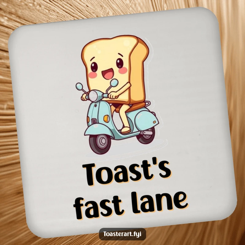 Funny drink coaster showing a slice of toast character riding a miniature scooter, protecting furniture with speed and breakfast charm.