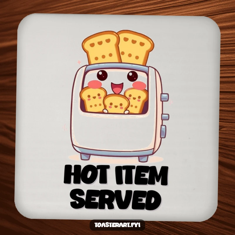 Funny drink coaster featuring a cheerful toaster character ejecting toast, offering protection and a humorous touch to any surface.
