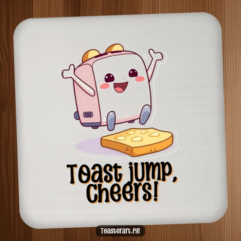 Funny Coaster depicting a joyful toaster character leaping onto toast, protecting surfaces with cheerful energy.