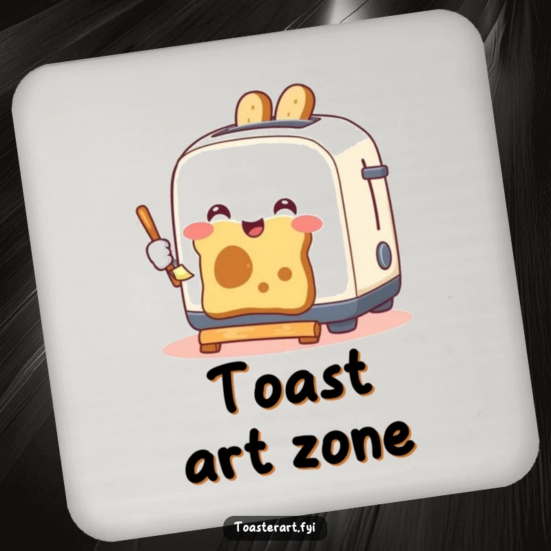 Funny drink coasters featuring a happy toaster artistically painting with toast, protecting surfaces with a humorous and artful design.