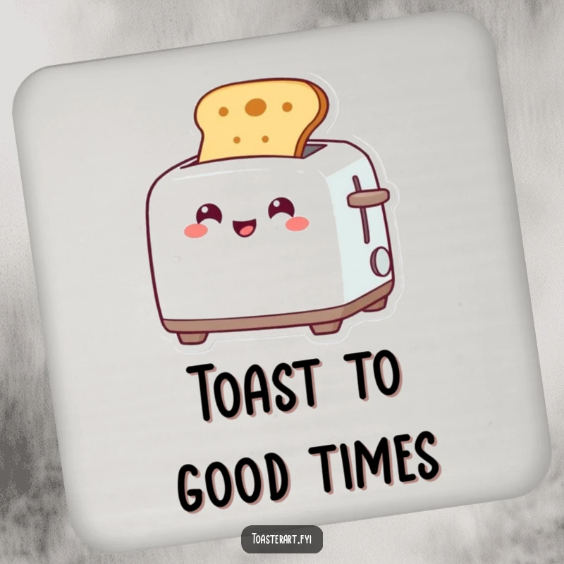 Funny coaster set with grinning toaster characters popping up toast, protecting surfaces with a dose of breakfast humor.