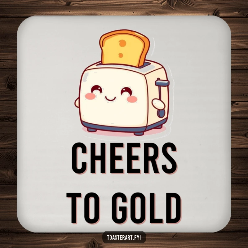 Funny drink coaster featuring a toaster character ejecting a golden slice of toast, a cute and humorous table accessory.