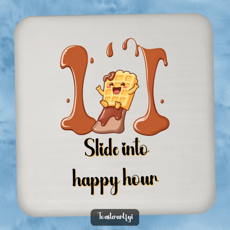 Funny waffle character sliding down a chocolate syrup slide on this drink coaster, a humorous and practical home accessory.
