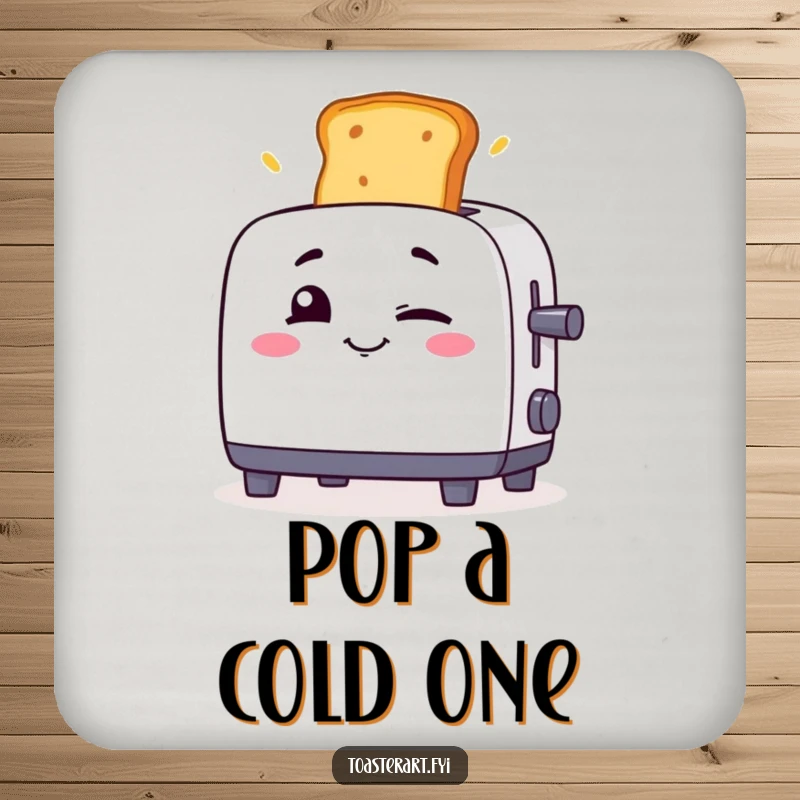 Funny toaster character winking as toast flies out on a drink coaster, a humorous and protective accessory.