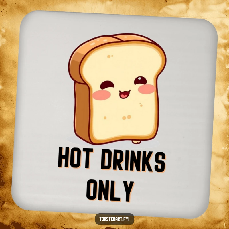 Funny drink coaster showing a blushing bread slice character comically attempting to toast itself. Protects surfaces with humor.