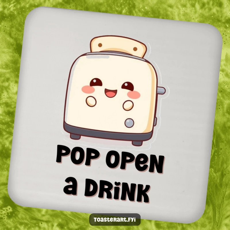 Funny toaster character laughing and peeking from toast slots on drink coasters, adding humorous protection to tabletops.
