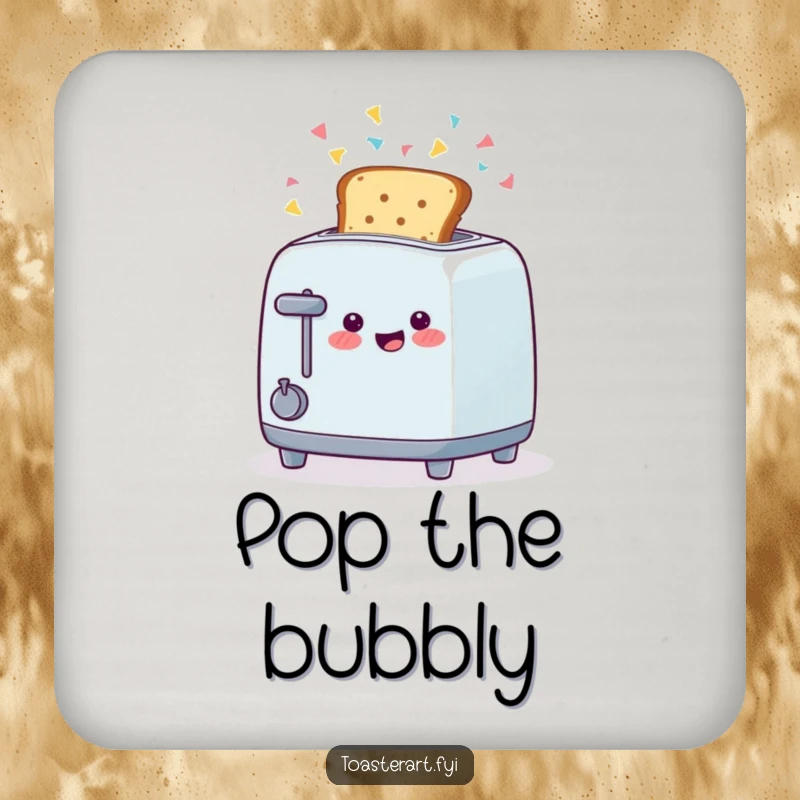 Funny coaster set with happy toaster characters ejecting toast with confetti, protecting surfaces with festive breakfast charm.