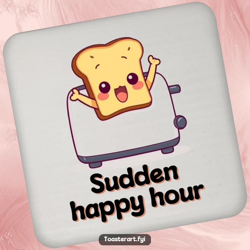 Funny drink coaster showing a surprised toast character comically leaping out of a toaster. Protects surfaces with humor.