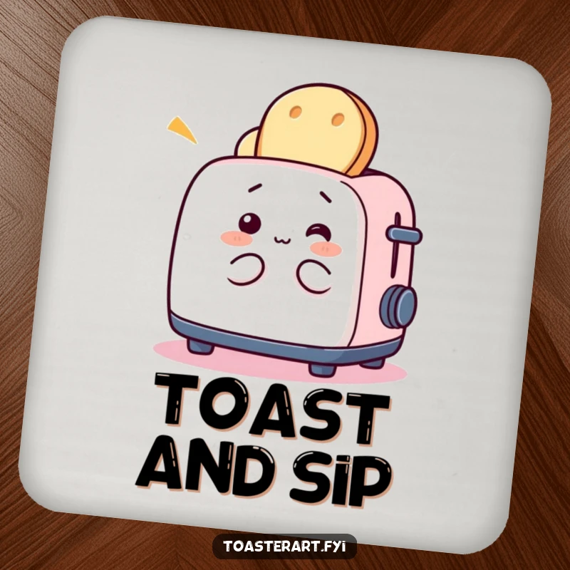 Funny coaster with a whimsical toaster character playing with bread, perfect for adding breakfast charm to table settings.