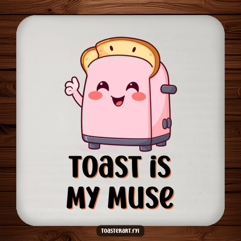 Funny drink coaster with a happy toaster character drawing a smiley face on toast, protecting surfaces with a dose of humor.