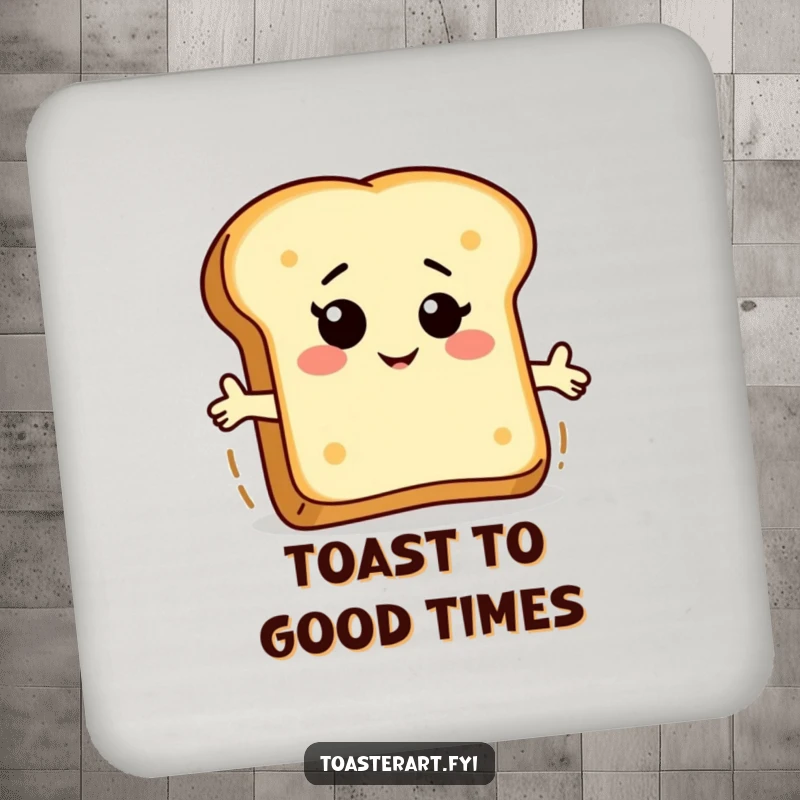 Funny bread slice coaster featuring a winking character riding a piece of toast, offering protection and a humorous breakfast aesthetic.