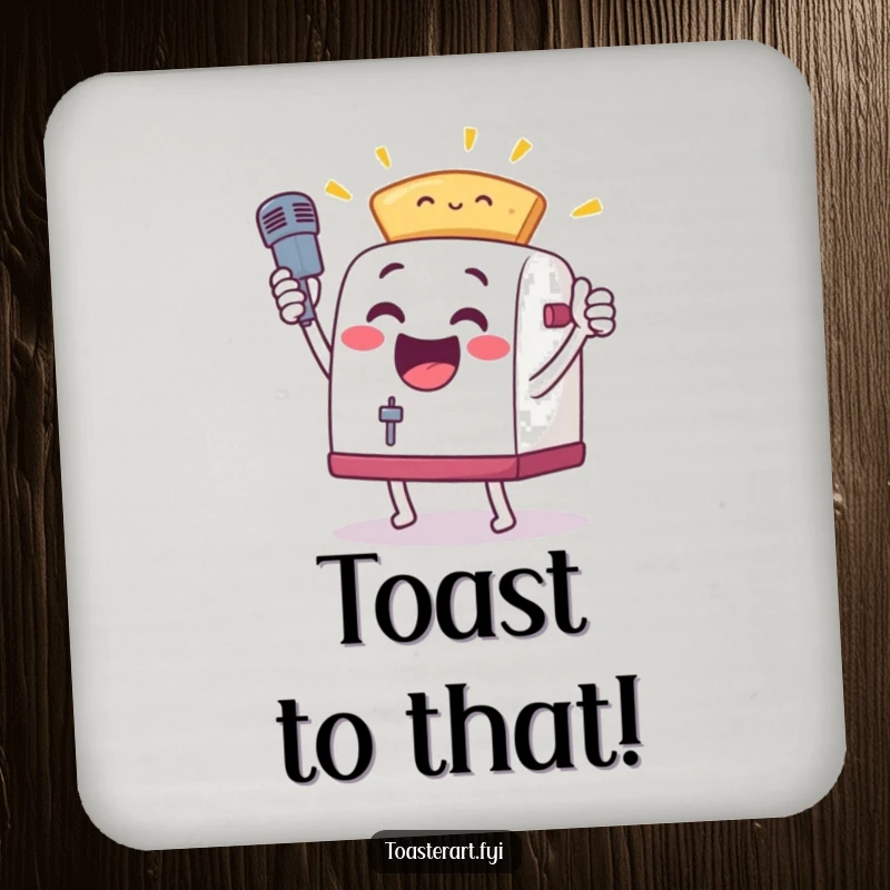 Funny, excited toaster character in a mic drop pose with toast on drink coasters, adding humorous, motivational protection to tabletops.