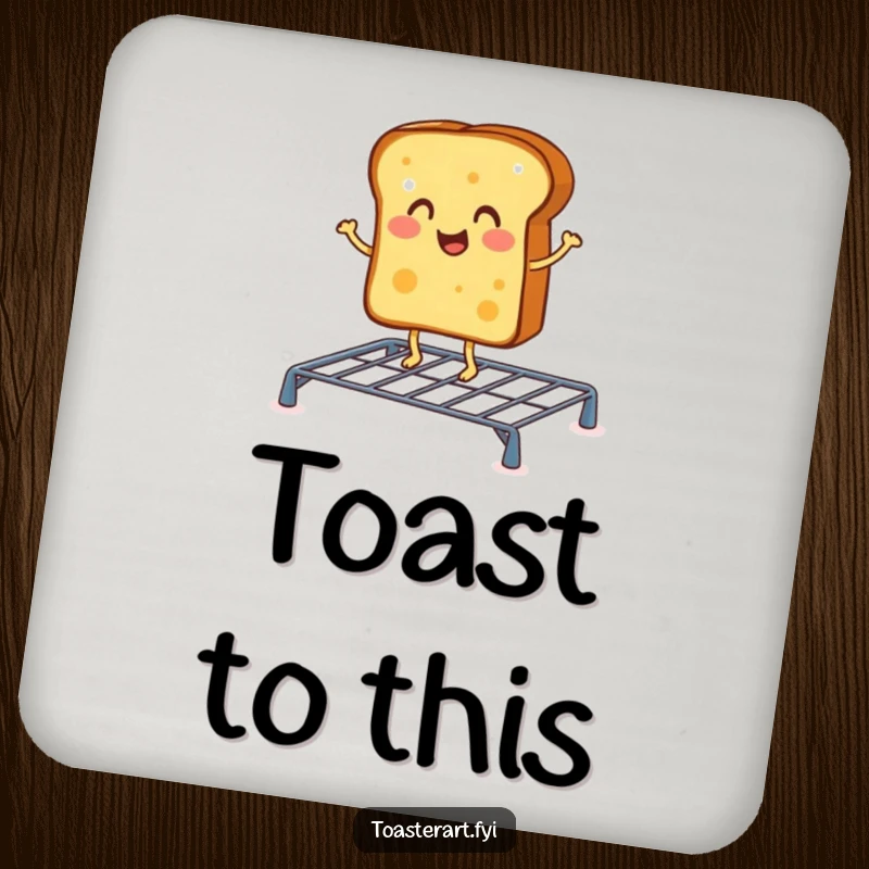 Funny drink coaster with a cheerful toast character doing a jig on a toasting rack, protecting surfaces with fun.
