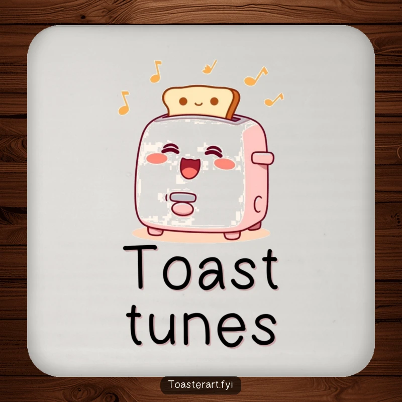Funny coaster featuring a happy singing toaster character with toast popping rhythmically, a musical and protective tabletop accent.