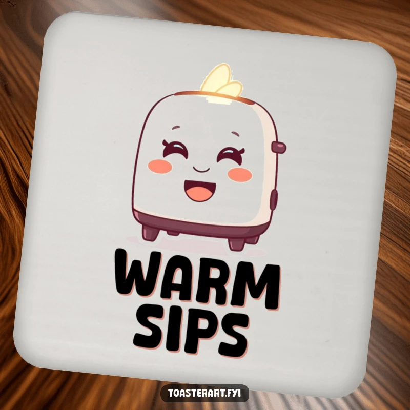 Funny drink coaster with a delighted toaster character glowing warmly with a friendly smile, adding warm charm.