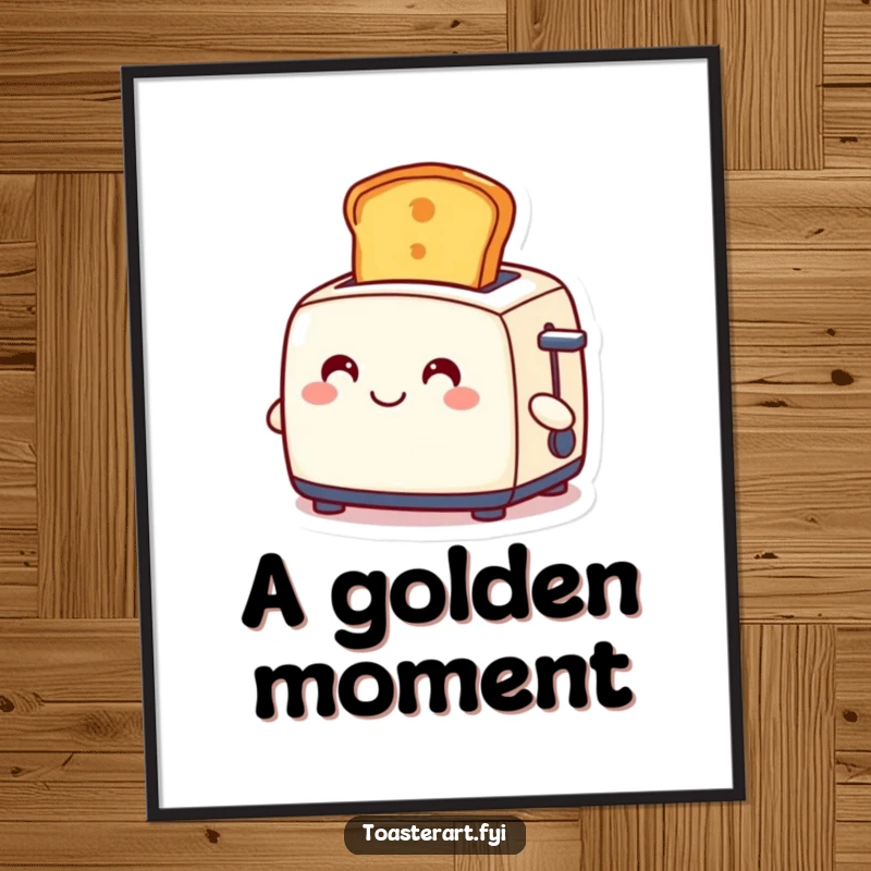 Funny poster art depicting a smiling toaster character proudly ejecting a perfectly golden, enticing slice of toast.
