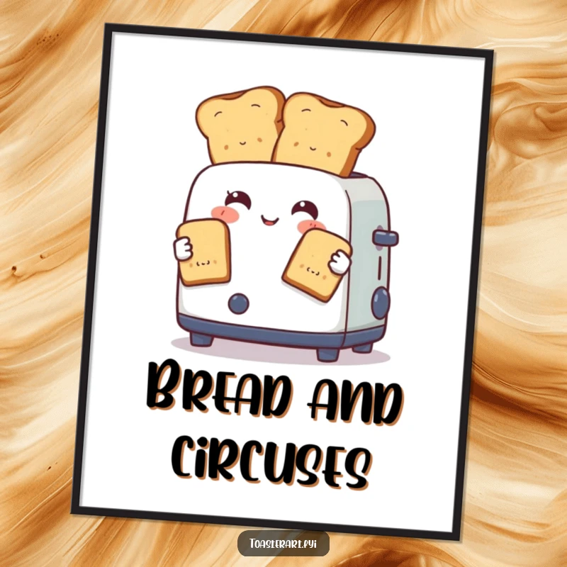 Funny poster of a toaster character skillfully juggling two perfectly browned toast slices, bringing a humorous circus vibe to your decor.