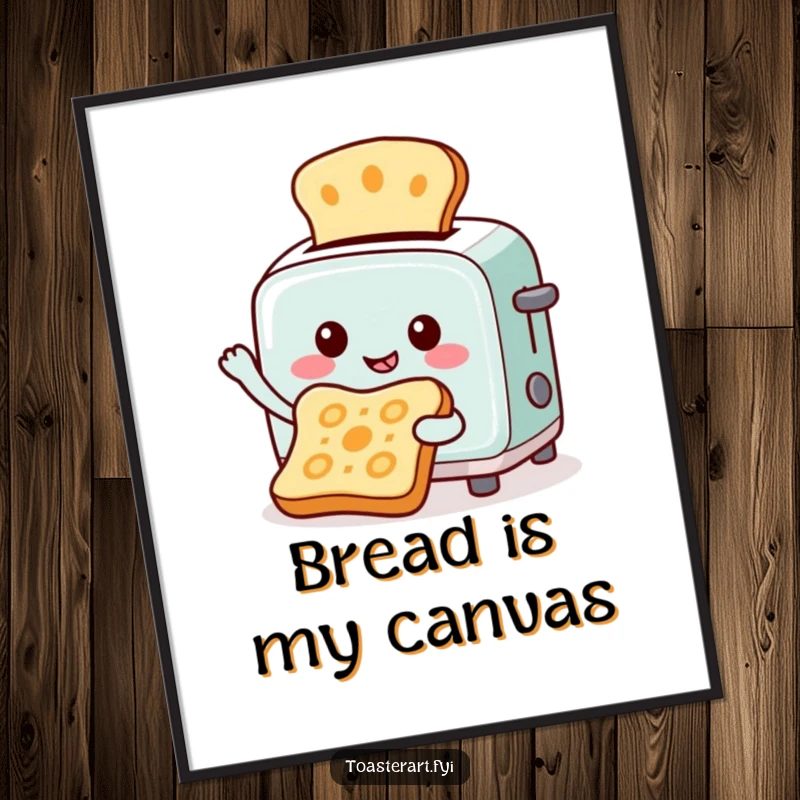 Funny poster of a cheerful toaster character creating art by toasting patterns onto bread, bringing unique breakfast artistry to your decor.