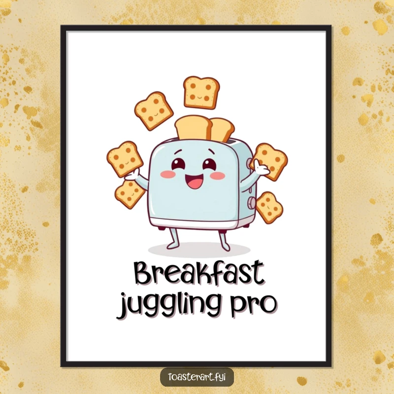 Funny poster of a giggling toaster character juggling several bread slices. Dynamic and humorous wall art.