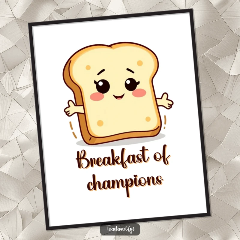 Funny bread slice poster depicting a winking character joyfully riding a piece of rising toast, adding playful humor to wall decor.