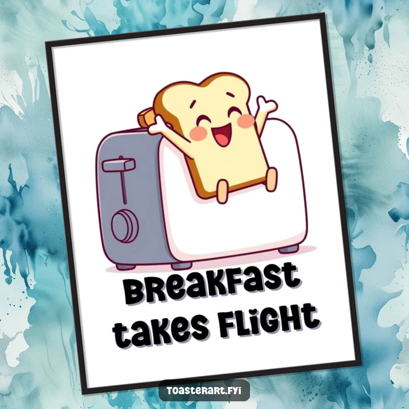 Funny toast character leaping from a toaster, a humorous and energetic poster for wall decoration.