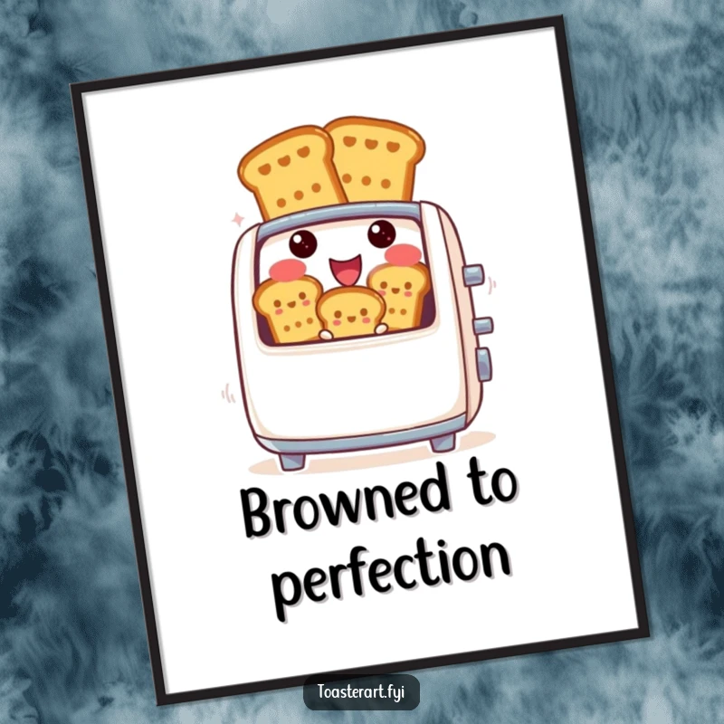 Funny poster of a cheerful toaster character in action, popping out golden-brown toast figures, bringing a smile to any room.