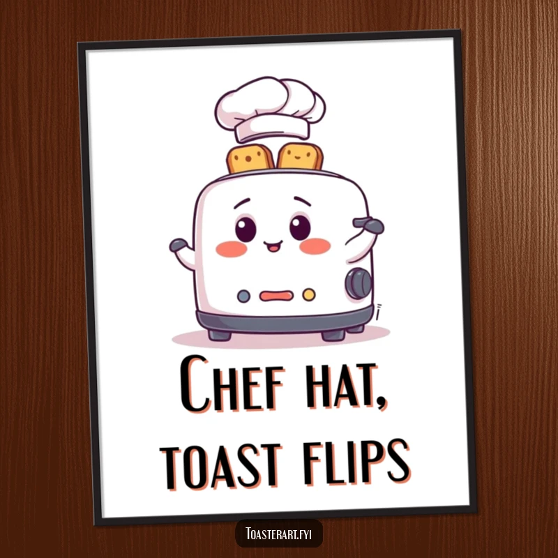 Funny Poster of a toaster wearing a chef hat, expertly juggling toast slices, adding a whimsical touch to any wall.