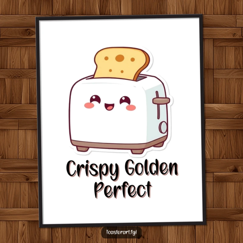 Funny poster of a grinning toaster character in the act of popping up golden toast, bringing kitchen humor to any room.