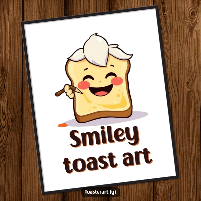 Funny Poster showcasing a joyful art brush character painting a smiley face on toast, a humorous and uplifting piece of wall art.