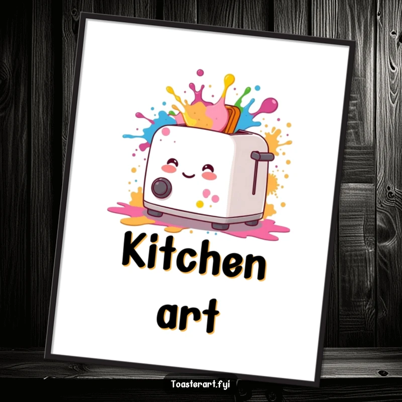 Funny poster art of a smiling toaster artistically emitting colorful paint splatters, celebrating creative expression.