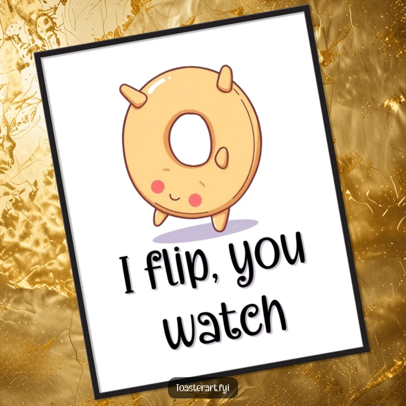 Funny poster of a smiling bagel executing a backward somersault, creating a lively and humorous piece of breakfast-themed wall art.