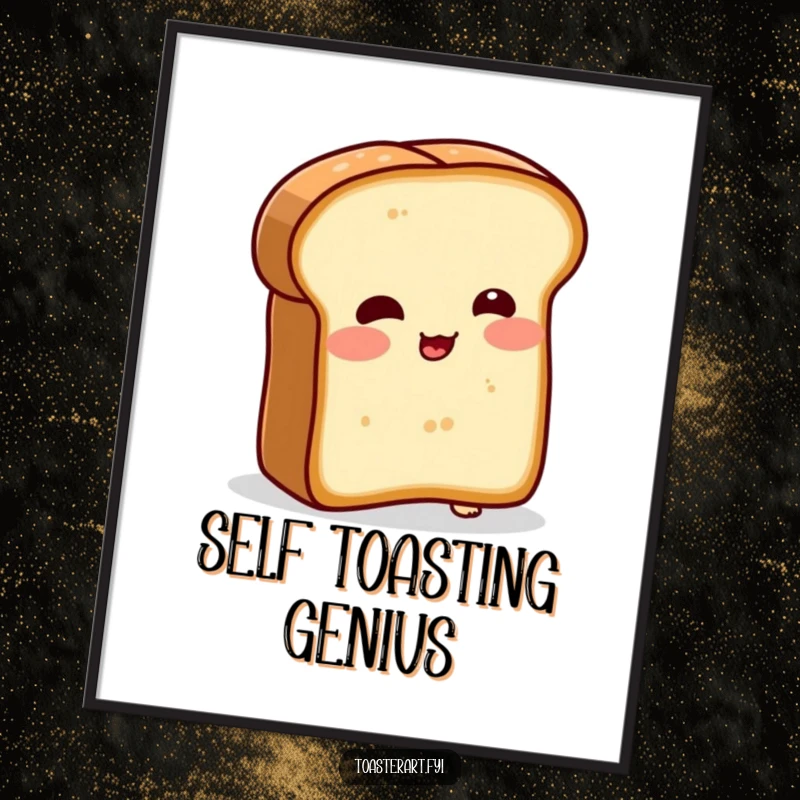 Funny poster featuring a shy bread slice character comically trying to toast itself. Humorous wall decor for kitchens or dining areas.